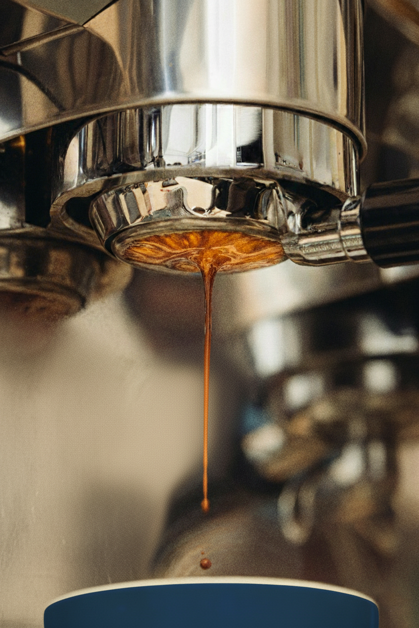 Espresso läuft aus einem bodenlosen Siebträger in unsere blaue Tasse.