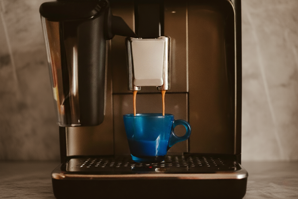 Frischer Kaffee läuft aus einem Vollautomaten in unsere blaue Tasse.