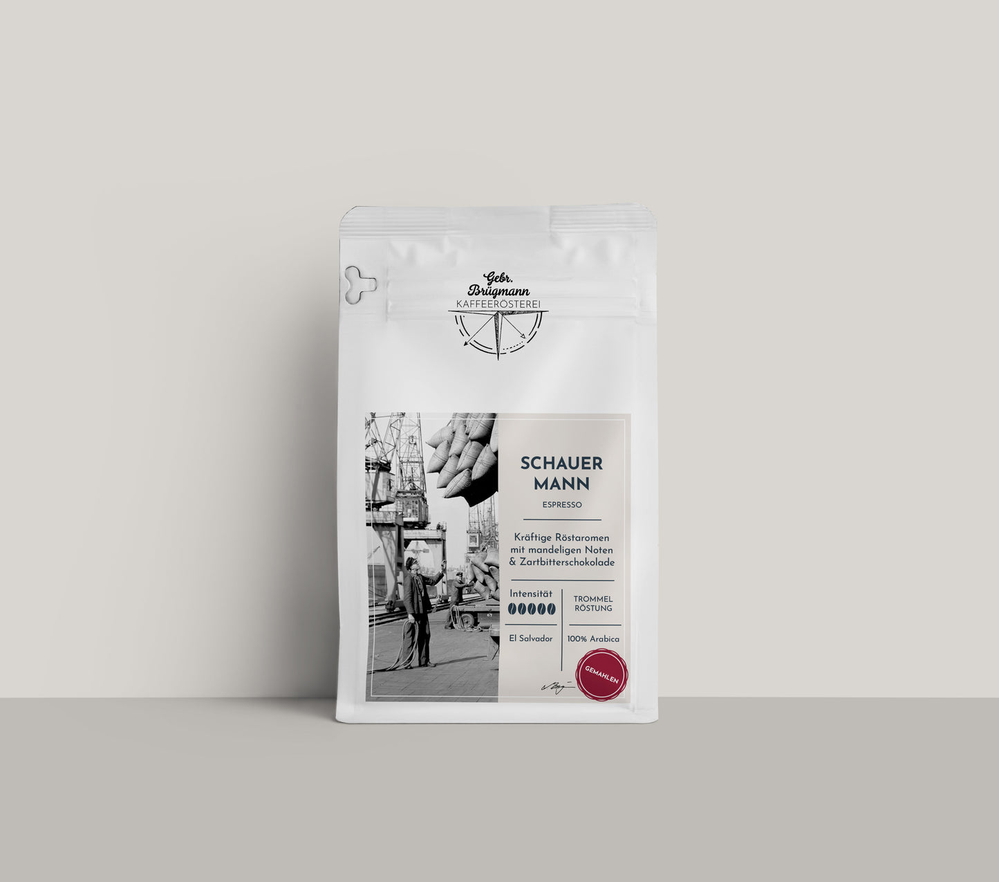 Schauermann – dunkle Espresso-Röstung, kräftig & säurearm, Zartbitterschokolade und Mandel, dichte Crema, Brügmann Kaffeerösterei